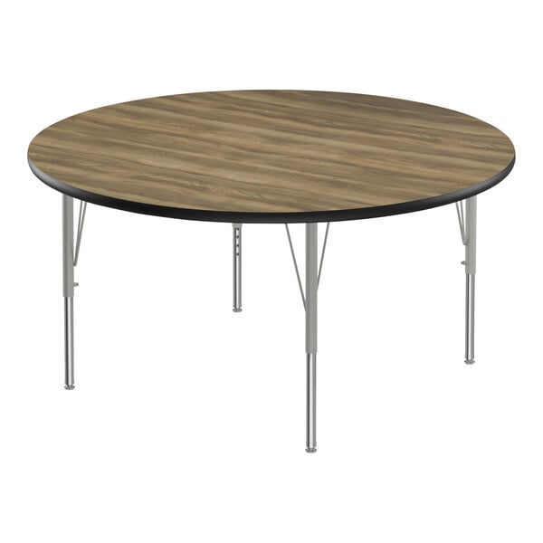 Correll Deluxe 48″ Round Colonial Hickory 19″-29″ Adjustable Height High-Pressure Laminate Top Activity Table with Silver Legs and Black T-Mold