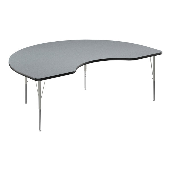 A grey table with a curved black edge and metal legs.