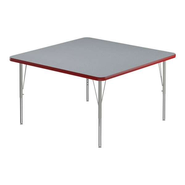 Correll 48″ Square Gray Granite 19″-29″ Adjustable Height High-Pressure Top Activity Table with Silver Legs and Red T-Mold