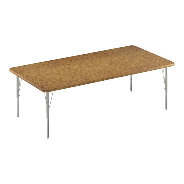 Correll Deluxe 36″ x 60″ Rectangular Medium Oak 19″-29″ Adjustable Height High-Pressure Laminate Top Activity Table with Silver Legs and Medium Oak T-Mold