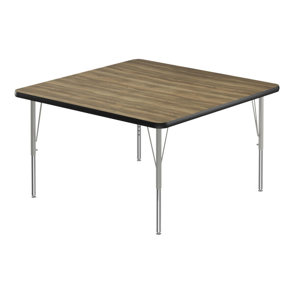 A square Correll activity table with a high-pressure laminate top, silver legs, and black edges.