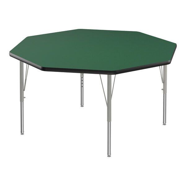 A green hexagon table with silver legs.