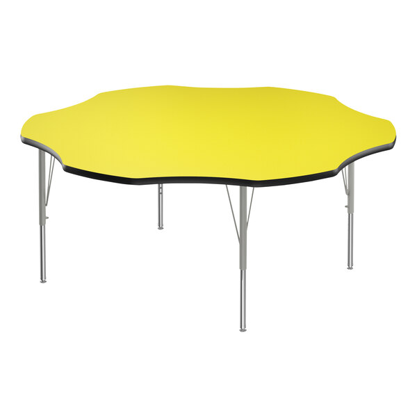 A yellow Correll activity table with a black edge and silver legs.