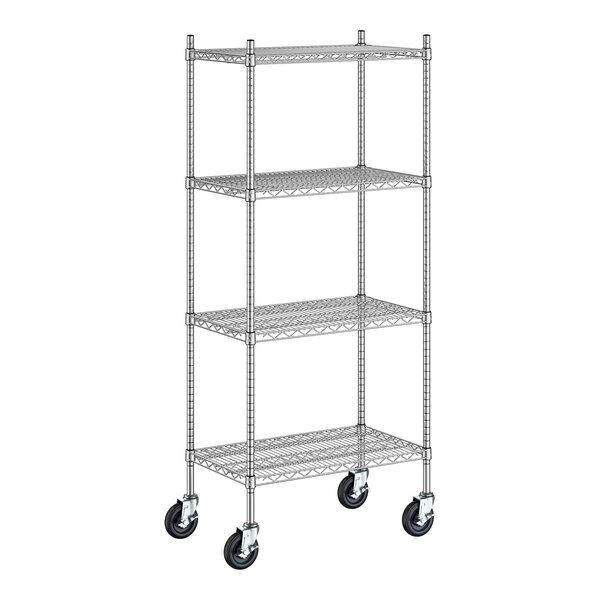 Regency Spec Line 18" Wide NSF Stainless Steel Wire Mobile Shelving Starter Kit with 4 Shelves and 64" Posts