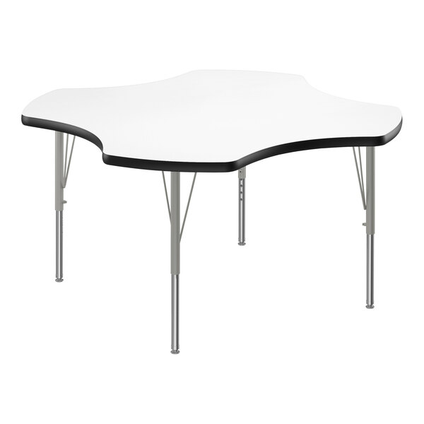 A white table with a black edge.