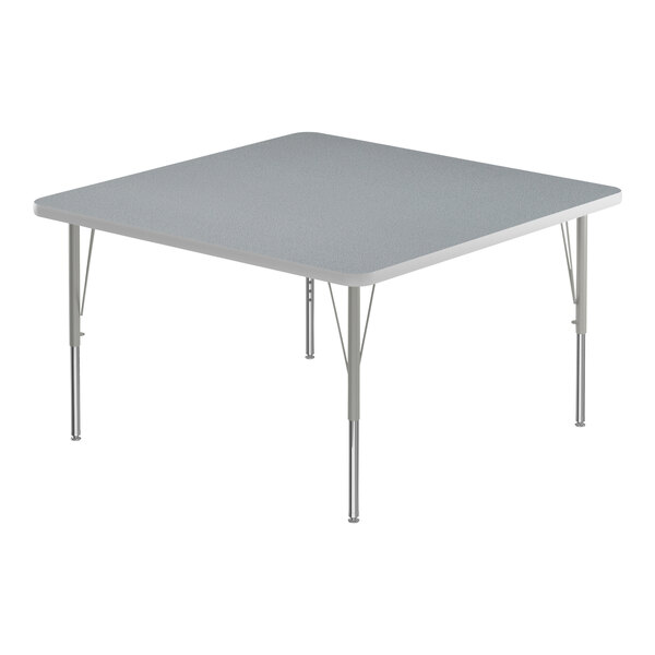 A square Correll activity table with a gray top and silver legs.