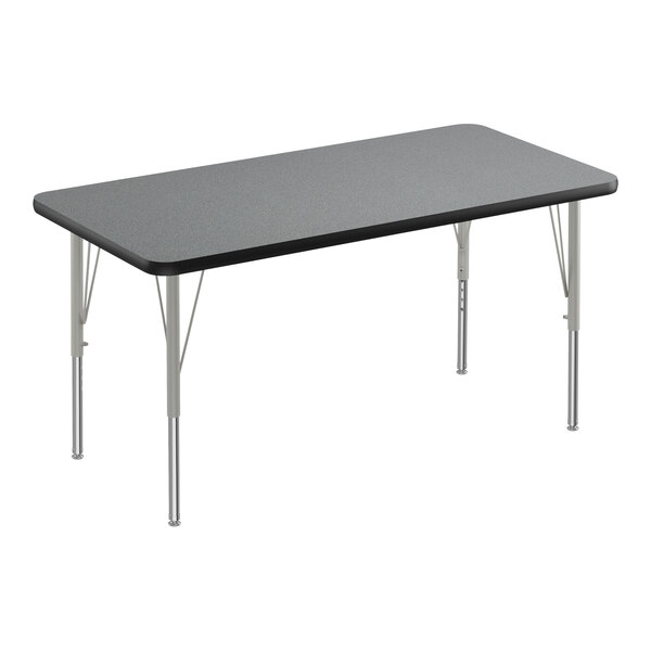 A rectangular Correll activity table with a black border and silver legs.