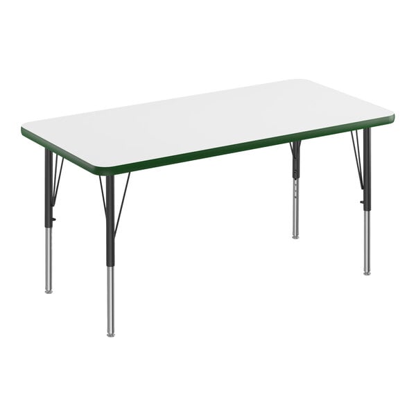 Correll 24″ x 36″ Rectangular White 19″-29″ Adjustable Height High-Pressure Dry Erase Board Top Activity Table with Black Legs and Green T-Mold