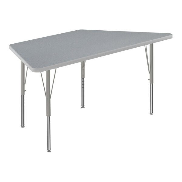 Correll 26″ x 58″ Trapezoid Gray Granite 19″-29″ Adjustable Height Thermal-Fused Laminate Top Activity Table with Silver Legs and Gray T-Mold