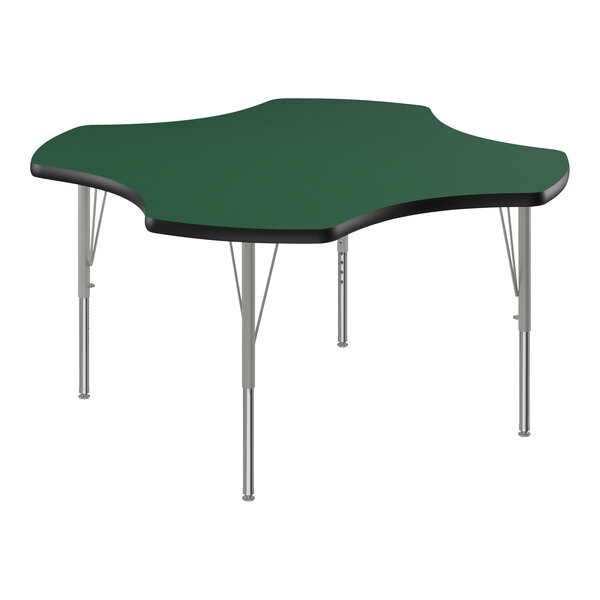A Correll clover green activity table with silver legs and black edge.