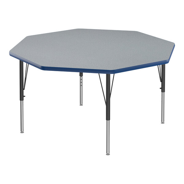 A Correll gray high-pressure laminate activity table with black legs and blue T-mold.