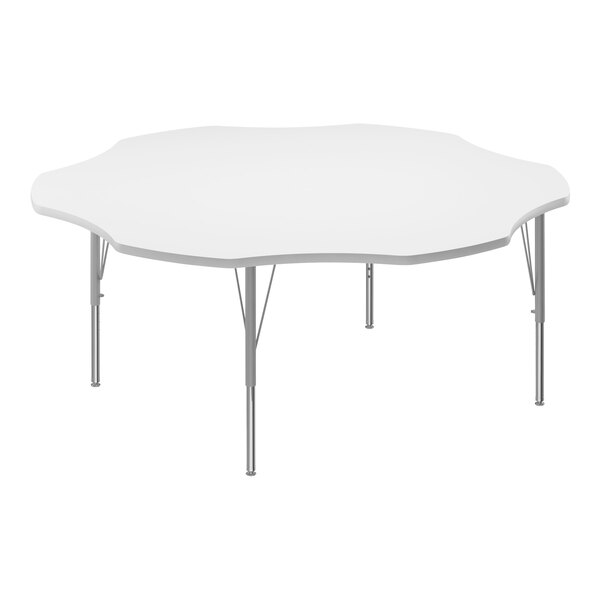 Correll 60″ Flower White 19″-29″ Adjustable Height High-Pressure Dry Erase Board Top Activity Table with Silver Legs and Gray T-Mold