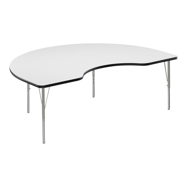 A white kidney-shaped activity table with silver legs and a black edge.