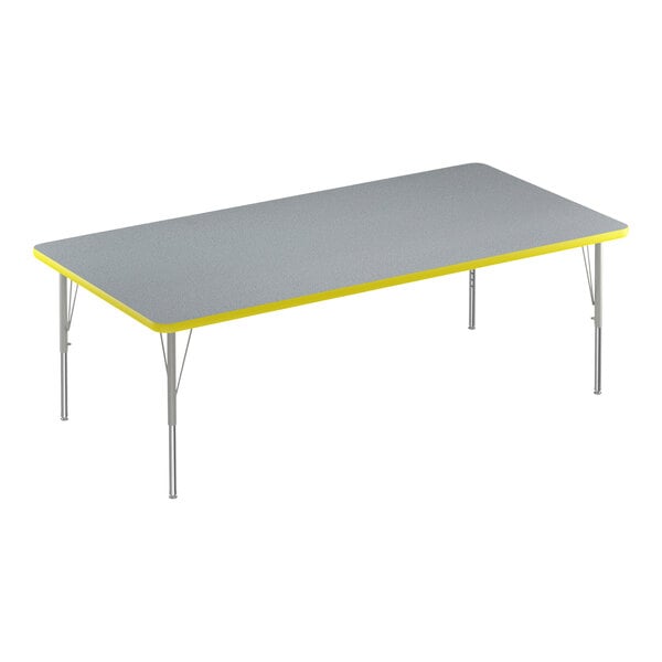 Correll 36″ x 60″ Rectangular Gray Granite 19″-29″ Adjustable Height Thermal-Fused Laminate Top Activity Table with Silver Legs and Yellow T-Mold