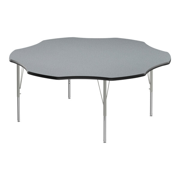 A grey Correll activity table with black T-mold and silver legs.
