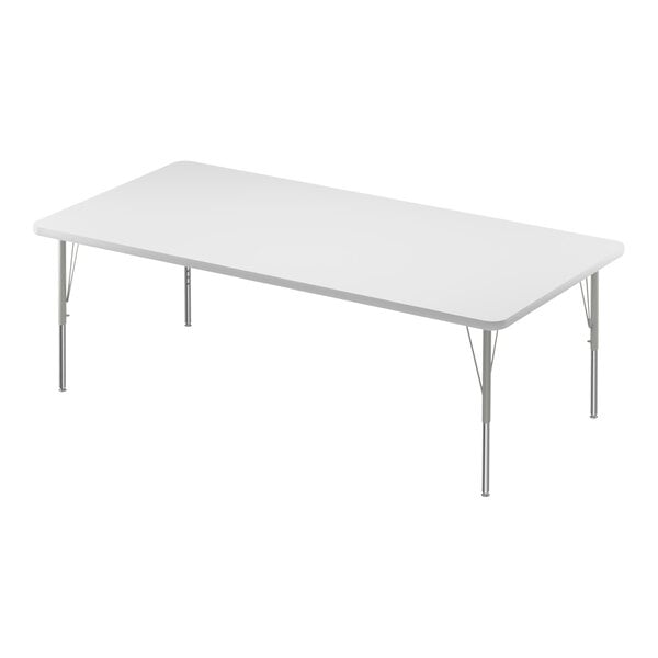 Correll 36″ x 72″ Rectangular White 19″-29″ Adjustable Height High-Pressure Dry Erase Board Top Activity Table with Silver Legs and Gray T-Mold