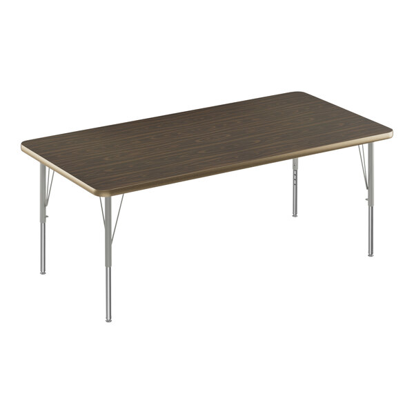 Correll Deluxe 30″ x 48″ Rectangular Walnut 19″-29″ Adjustable Height High-Pressure Laminate Top Activity Table with Silver Legs and Walnut T-Mold