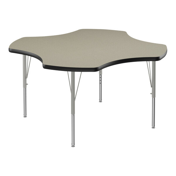 A Correll activity table with a grey top and black edge and silver legs.