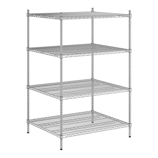 A wireframe of a Regency chrome stationary wire shelving unit with four shelves.