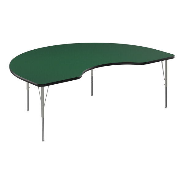 A green table with silver metal legs.