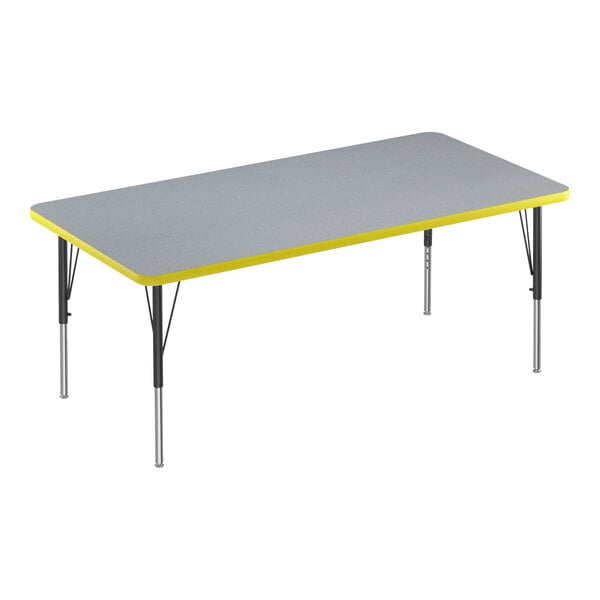 Correll 30″ x 48″ Rectangular Gray Granite 19″-29″ Adjustable Height Thermal-Fused Laminate Top Activity Table with Black Legs and Yellow T-Mold