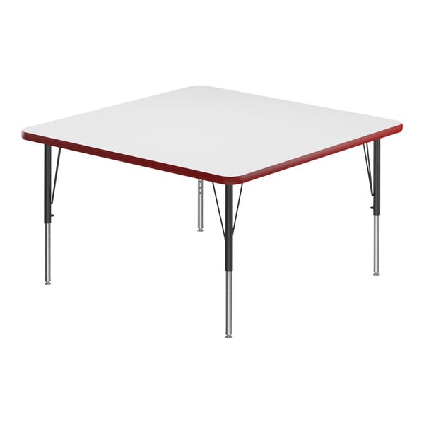 Correll 42″ Square White 19″-29″ Adjustable Height High-Pressure Dry Erase Board Top Activity Table with Black Legs and Red T-Mold