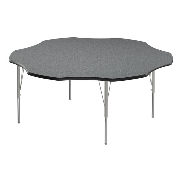 A grey table with a black surface and silver legs.