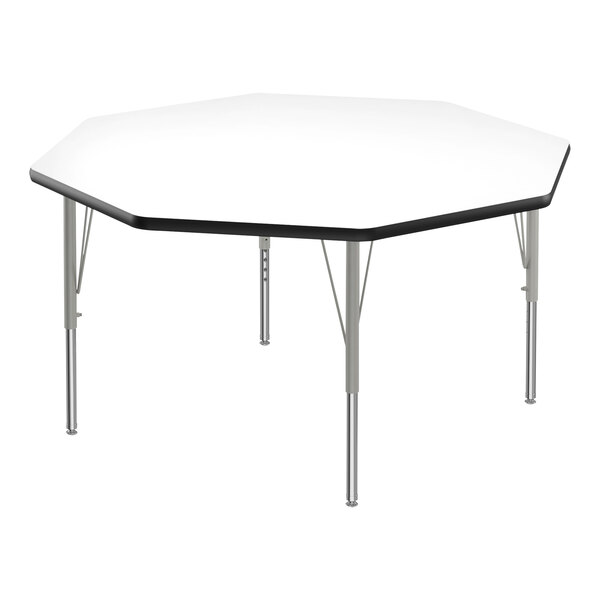 A white Correll octagon activity table with silver legs and black trim.