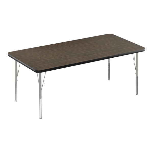 Correll 30″ x 60″ Rectangular Walnut 19″-29″ Adjustable Height Thermal-Fused Laminate Top Activity Table with Silver Legs and Black T-Mold
