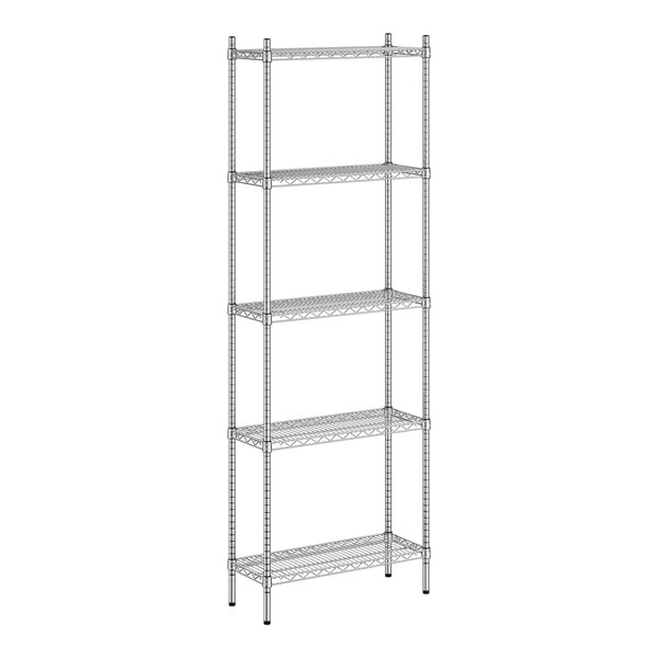 A white wireframe of a Regency stainless steel wire shelf with four shelves.
