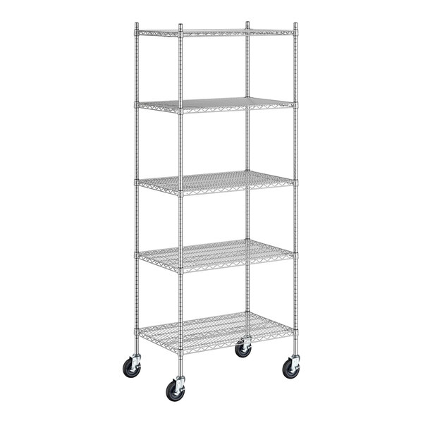 Regency Spec Line 24" Wide NSF Stainless Steel Wire Mobile Shelving Starter Kit with 5 Shelves and 86" Posts
