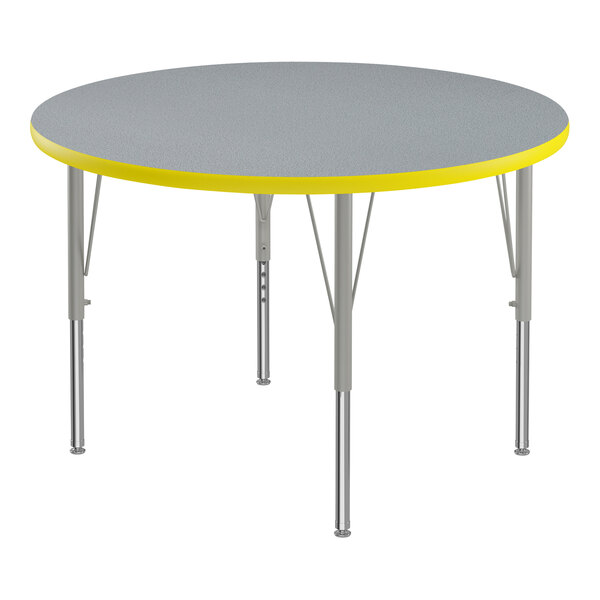 Correll Deluxe 42″ Round Gray Granite 19″-29″ Adjustable Height High-Pressure Laminate Top Activity Table with Silver Legs and Yellow T-Mold