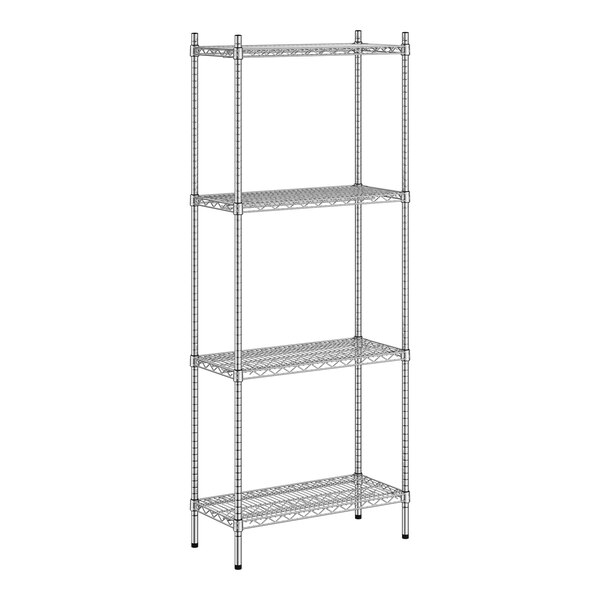 A wireframe of a Regency stainless steel wire shelf with four shelves.