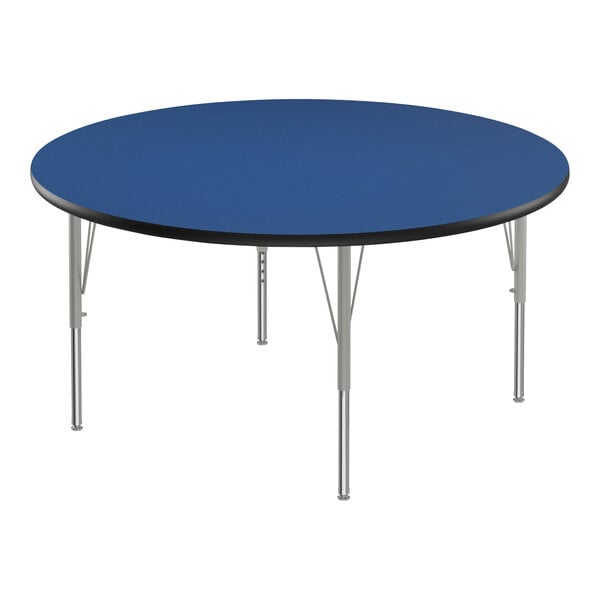 Correll Deluxe 60″ Round Blue 19″-29″ Adjustable Height High-Pressure Laminate Top Activity Table with Silver Legs and Black T-Mold
