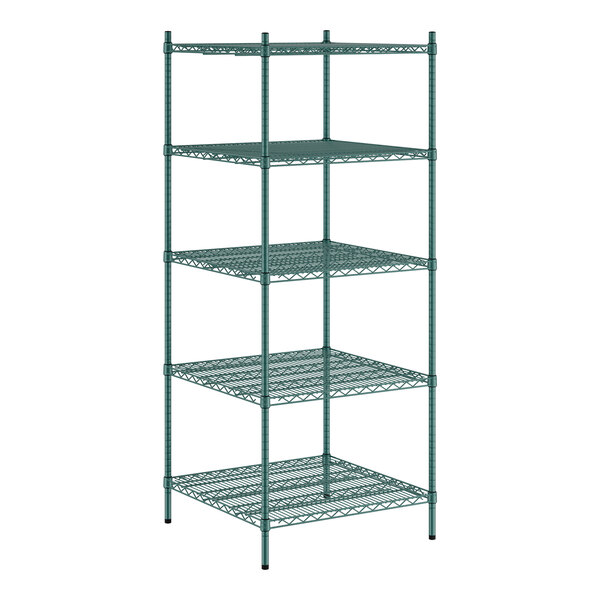 A Regency green metal wire shelving unit with five shelves.
