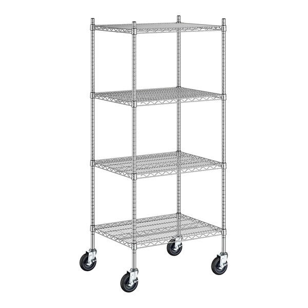 Regency Spec Line 24" Wide NSF Stainless Steel Wire Mobile Shelving Starter Kit with 4 Shelves and 64" Posts