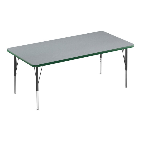 Correll 30″ x 60″ Rectangular Gray Granite 19″-29″ Adjustable Height Thermal-Fused Laminate Top Activity Table with Black Legs and Green T-Mold