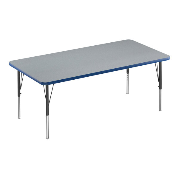 Correll 30″ x 72″ Rectangular Gray Granite 19″-29″ Adjustable Height Thermal-Fused Laminate Top Activity Table with Black Legs and Blue T-Mold