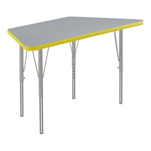 Correll Deluxe 24″ x 48″ Trapezoid Gray Granite 19″-29″ Adjustable Height High-Pressure Laminate Top Activity Table with Silver Legs and Yellow T-Mold