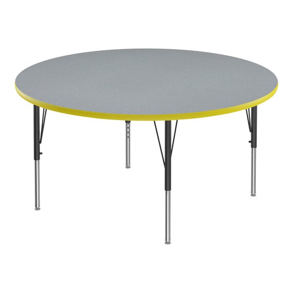 Correll Deluxe 48″ Round Gray Granite 19″-29″ Adjustable Height High-Pressure Laminate Top Activity Table with Black Legs and Yellow T-Mold