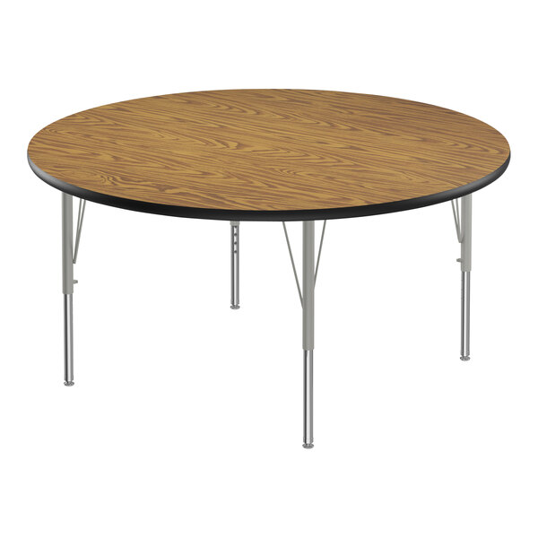 Correll EconoLine 48″ Round Medium Oak 19″-29″ Adjustable Height Melamine Top Activity Table with Silver Legs and Black T-Mold