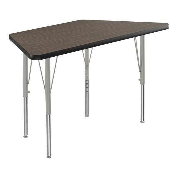 A brown and silver trapezoid table with a black top and metal frame.
