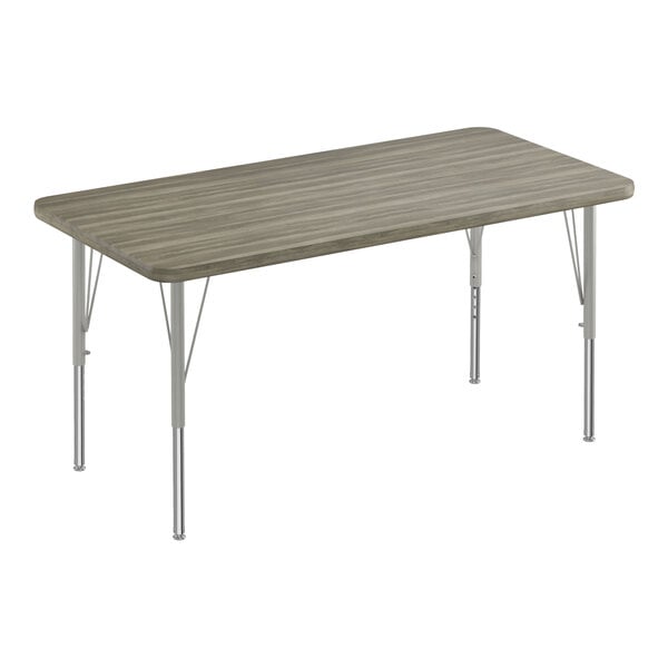 Correll Deluxe 24″ x 48″ Rectangular New England Driftwood 19″-29″ Adjustable Height High-Pressure Laminate Top Activity Table with Silver Legs and Driftwood T-Mold