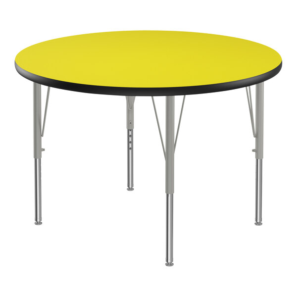 A yellow Correll activity table with silver legs and black trim.