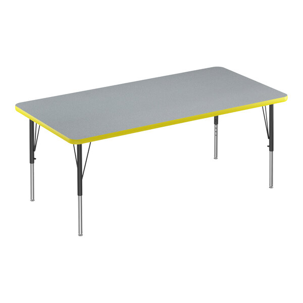 Correll Deluxe 30″ x 72″ Rectangular Gray Granite 19″-29″ Adjustable Height High-Pressure Laminate Top Activity Table with Black Legs and Yellow T-Mold