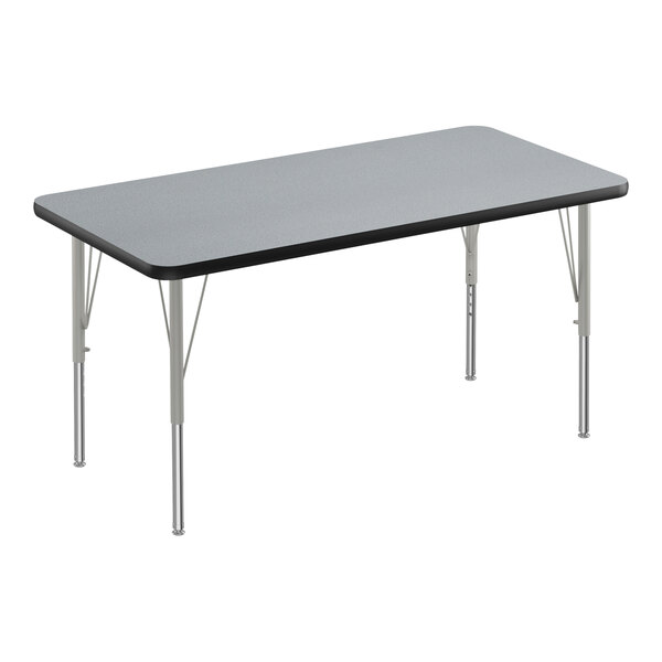 A rectangular Correll activity table with silver legs and a black border.