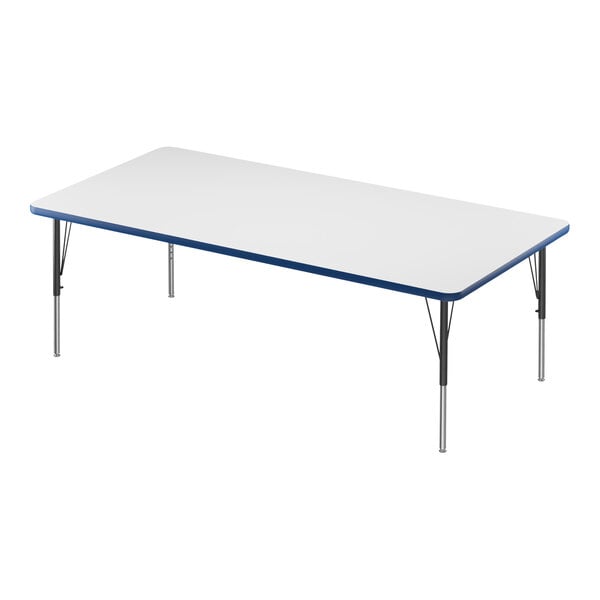 Correll 36″ x 72″ Rectangular White 19″-29″ Adjustable Height High-Pressure Dry Erase Board Top Activity Table with Black Legs and Blue T-Mold