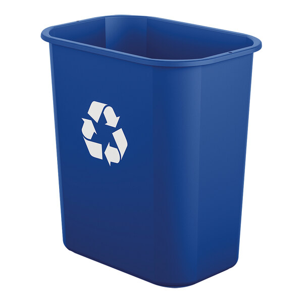 A blue Suncast slim rectangular recycling bin with a white recycling symbol.