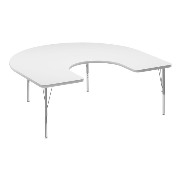 A white table with a half-moon shaped top and metal legs.