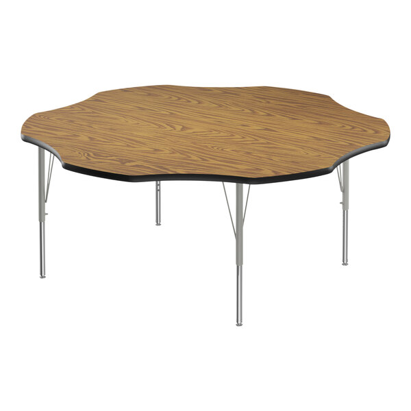 Correll EconoLine 60″ Flower Medium Oak 19″-29″ Adjustable Height Melamine Top Activity Table with Silver Legs and Black T-Mold